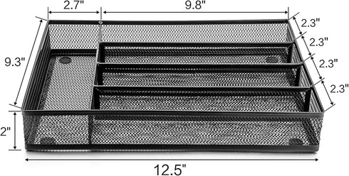 LIANYU Silverware Utensil Drawer Organizer - 5 Compartments Steel Mesh Tray with Foam Feet, Black