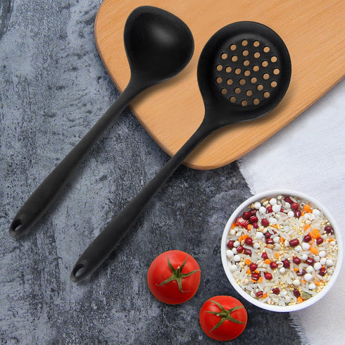 Silicone Soup Ladle Spoon Set of 2, Nonstick Large Skimmer Slotted Spoons, Heat Resistant Cooking Utensils.