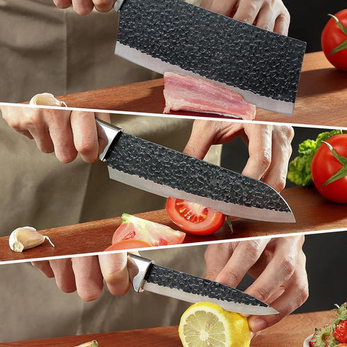 3PCS Chef Knife, Little Cook Chef Knife Set, Includes 7 inch Chef Knife, 7 inch Cleaver Knife and 4.5 inch Boning Knife, Premium Stainless Steel With Ergonomic Plastic Handle (Blackening technique) by LITTLE COOK SINCE 1995