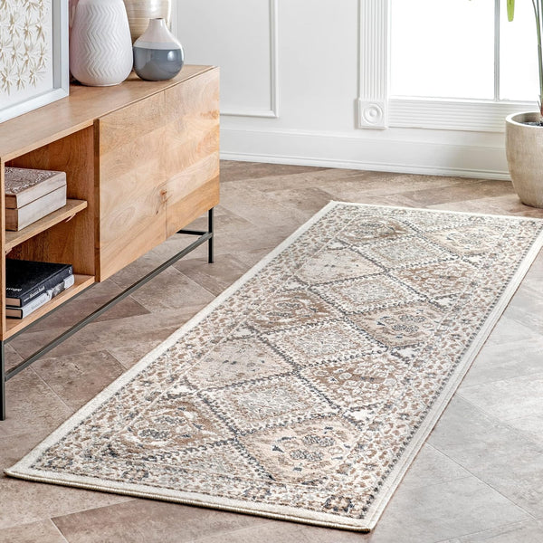 nuLOOM 2x8 Becca Traditional Tiled Area Rug, Beige, Stain Resistant, Faded Transitional Design for Home