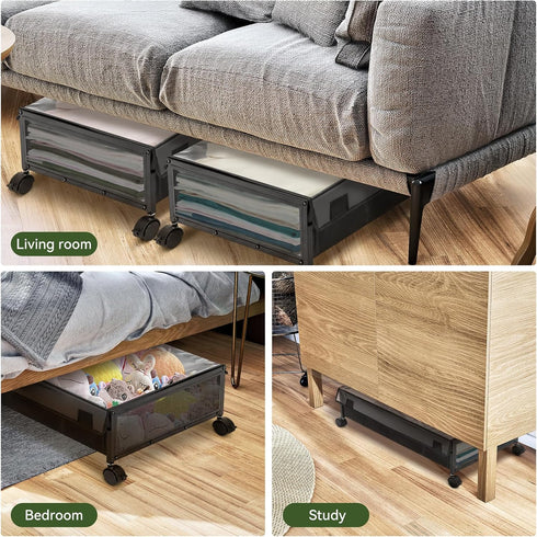 Under Bed Storage Containers Drawers on Wheels, Organizer with Dust Cover, 2 Pack (Black/Solid Fabric)