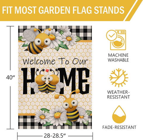 Welcome to Our Home Bumble Bee Spring Summer Decorative Large House Flag, Buffalo Plaid Check Daisy Home Outside Garden Yard Decorations, Farmhouse Burlap Outdoor Decor Double Sided 28x40