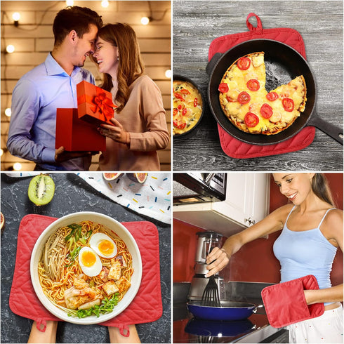 R HORSE 6Pcs Christmas Red Pot Holders with Pocket, Heat Resistant Potholder Set for Kitchen, 7''x9''