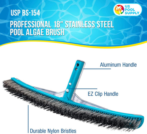 18" U.S. Pool Supply Pool Brush Head for Inground Pools - Stainless Steel Pool Brush, Metal Wire Bristles, Underwater