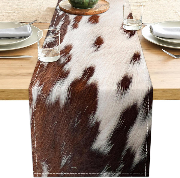LXXTK Linen Cow Print Table Runner 13x71 Inch Farmhouse Western White Brown Cowhide