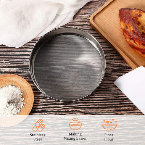 Sifter for Baking, Stainless Steel Round Flour Sifter with Dough Scraper, Diameter 6-8-10-12inch, Mesh-Hole Size 0.25mm