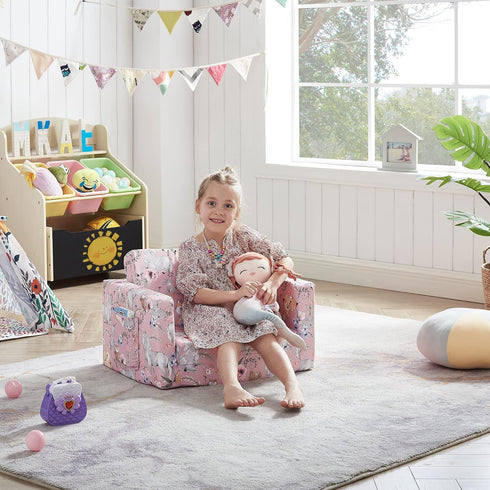 2-in-1 Ulax furniture Kids Convertible Sofas Children Flip-Out Sofa - to Lounge Chair (Pink Unicorn)