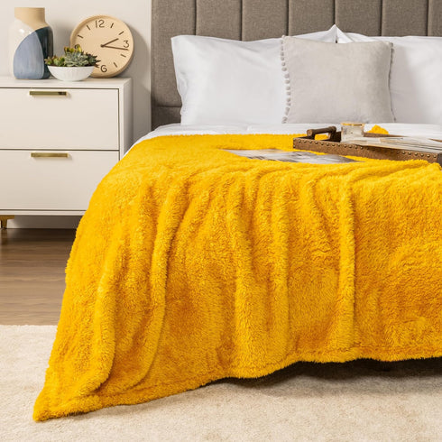 Cozy 60x80 PAVILIA Sherpa Throw Blanket for Couch Sofa, Mustard Yellow Fluffy Warm Plush Blanket for Twin Bed, Super