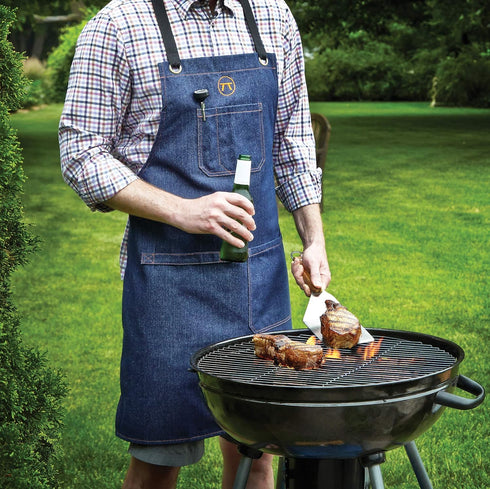Outset Cross Back Blue Denim Grill and Kitchen Apron with Pockets, 27" x 30"