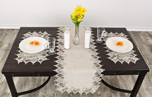 Neutral Earth Tones Lace Long Table Runner, Dresser Scarf, Rustic Bohemian Décor (16Wx72L)