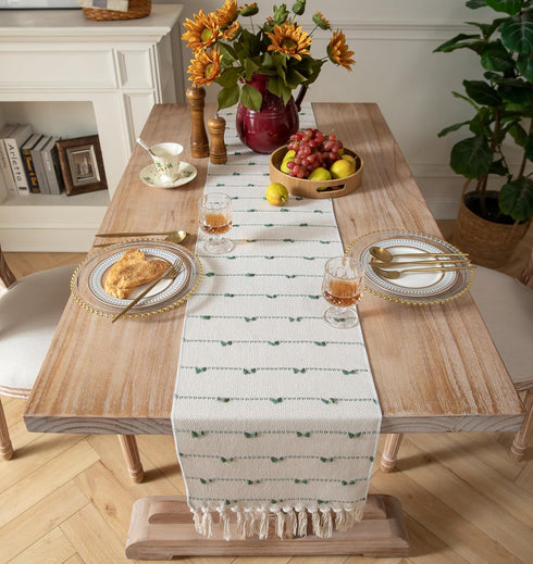 72 Inchs Caflife Boho Table Runner Long for Modern Farmhouse Room Home Decor, Green and Beige Coffee Table Runner