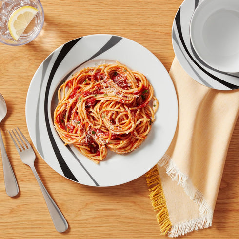 18-Piece Set, 6, Amazon Basics Complete Kitchen Dinnerware Microwave and Dishwasher Safe, Plates, Dishes, Bowls, Swirl