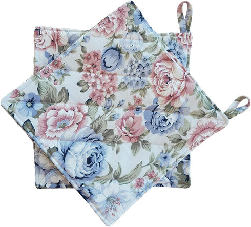 CUSHYSTORE Canvas Pot Holder Oven Pads, Potholders for Cooking Kitchen, 7.75", 2 Packs (Blue Rose Garden)