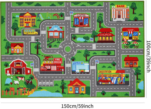 59"x39.4", Kid(59X39.4Inch,Green) Kids Carpet Playmat Rug Car Rug for Kids Cars, Non-Slip Town City Road Map Kids Rugs