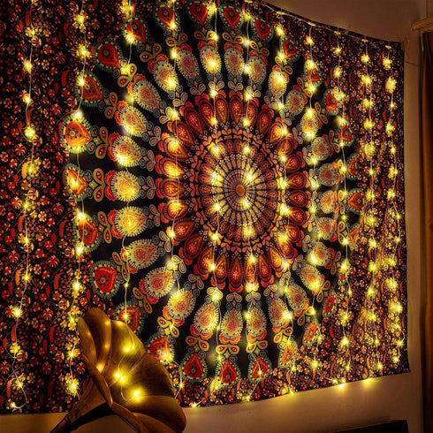 Curtain Window String Lights 6.5 x 5 Feet LED Copper Tapestry Backdrop Twinkle Fairy Lights, Battery Operated