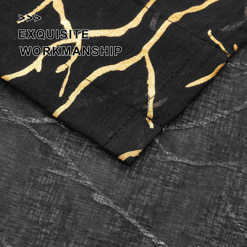 FINECITY Black Gold Sheer Curtains, Metallic Gold Foil Tree Branch, 63 Inch Length, Set of 2