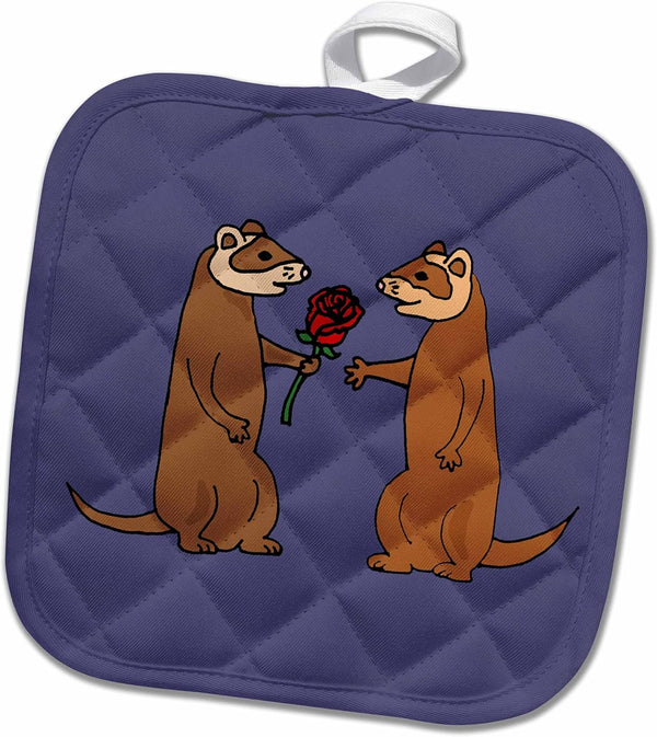 3D Rose Funny Ferrets in Love with Rose Art Pot Holder, 8 x 8