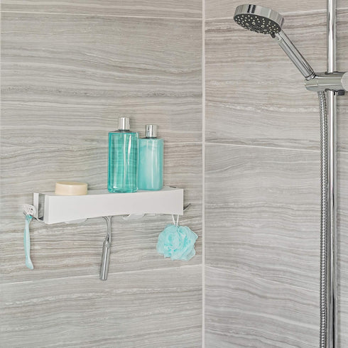 Better Living Clever Flip Shower Shelf, Wall Mounted Shower Caddy Organizer, 16.88" x 4" x 2.88", White, No Drilling