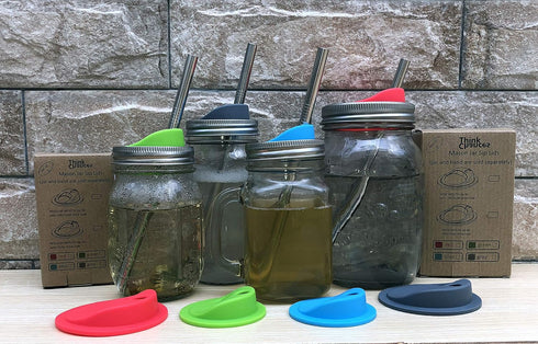 Reusable Food Grade Silicone Sip Lid Kit with Stainless Steel Rings for Mason Jars, Pack of 4 Sets (Wide Mouth)
