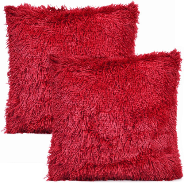 YOUR SMILE Pack of 2 Christmas Decorative New Luxury Series Merino Style Faux Fur Throw Pillow Case 18" x 18" (Burgundy