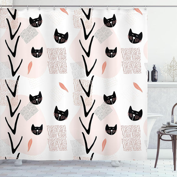 Ambesonne Modern Shower Curtain, Cat Faces Dotted Whiskers Kittens Theme, 69" W x 70" L, Dark Coral Black Peach