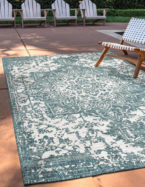 Unique Loom Outdoor Collection Area Rug 2' x 3' 1' Rectangle Teal/Ivory