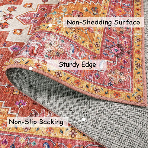 5x7 Moynesa Ultra-Thin Washable Vintage Area Rug - Large Bedroom Boho Non-Slip Non-Shedding Living Room Mat Oriental