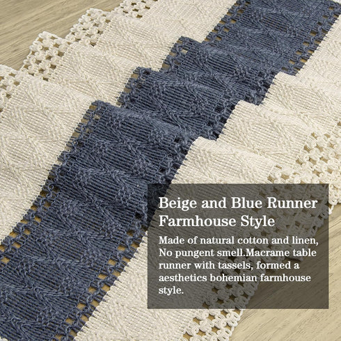 Summer 48 Inches yuboo Boho Macrame Dresser Runner, Navy Blue Coffee Table Runner Short, Rustic Coastal Table Runner
