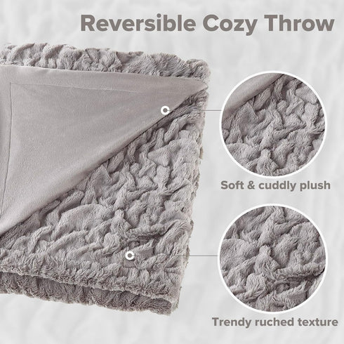 Set 2 50"x 60" Comfort Spaces Ruched Faux Fur Plush Throw Blanket and Pillow with Matching Square Pillow Covers Sofa