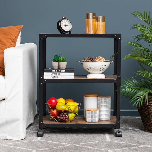 Mind Reader Bar Cart - Rolling 3-Tier Kitchen Cart, Microwave Stand, Wood/Metal, 23"L x 12"W x 29.5"H, Brown