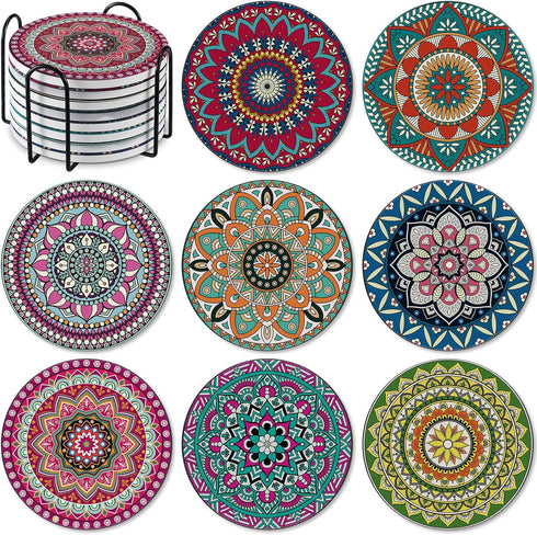 Patelai 8 Pcs Boho Ceramic Coasters Set with Holder 4 Inch Mandala