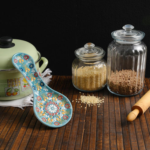 Handmade Ceramic Spoon Rest for Stove Top, 10" Colorful Kitchen Counter Utensil Holder, Dishwasher Safe