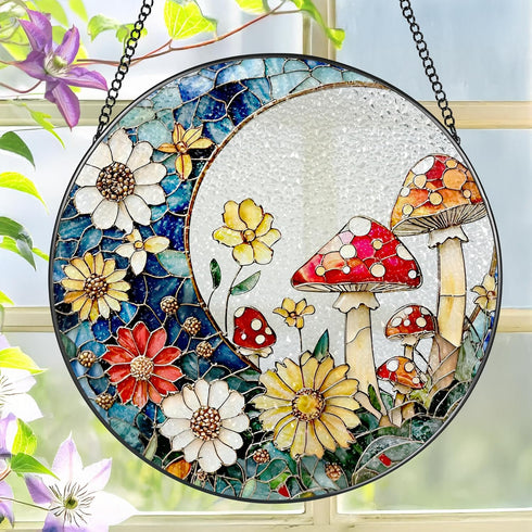 LAOWEIKI 8 Inch Mushroom Suncatcher, Stained Glass Mushrooms Home Decor, Stained Glass Window