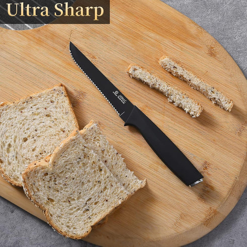 Steak Knives Set of 6, High-Carbon Stainless Steel Serrated Knives, Elegant Black, Dishwasher Safe