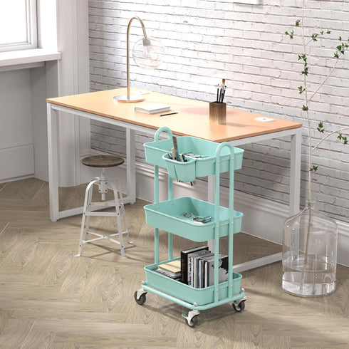 3-Tier Simple Houseware Multifunctional Rolling Utility Cart with Hanging Bucket, Turquoise
