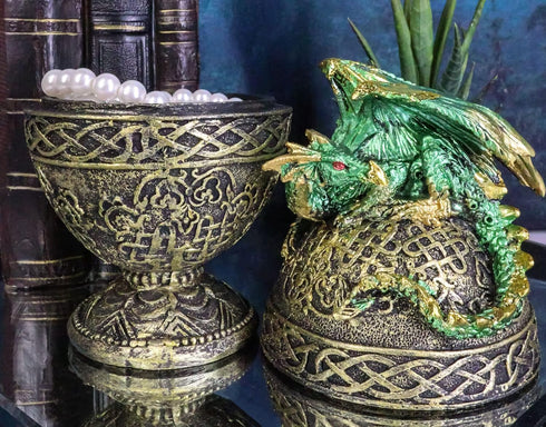 Ebros Gift Green Dragon Perching on Celtic Knotwork Tattoo Relic Jewelry Box Figurine 6.25" High Fantasy Statue