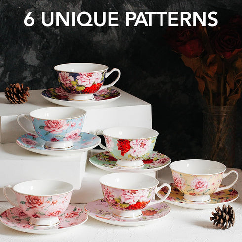 Set 6, 8 oz, Sets, BTaT- Tea Cups and Saucers, of Floral Design, Porcelain Tea Cup Dishwasher Safe