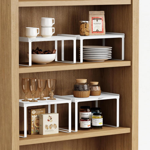 White Marble Kitchen Counter Shelf Organizer, Set of 4 Stackable 2 Tier Risers for Books, Monitor, Cabinet Space