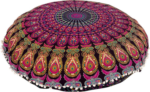 32" Purple Mandala Floor Pillow Cushion, Hippie Decorative Bohemian Ottoman Poufs, Pom Pom Pillow Cases, Boho Indian