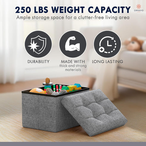 12 16 12, Ornavo Home Small Storage Ottoman Foldable Collapsible Rectangle Linen Ottoman Foot Rest Stool Seat