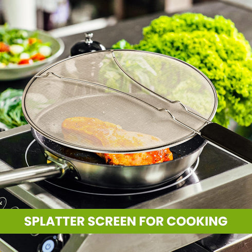 13" Grease Splatter Screen for Cooking, Stainless Steel Oil Guard, Ultra-Fine Mesh, TPR Tight-Grip Handle (Black)