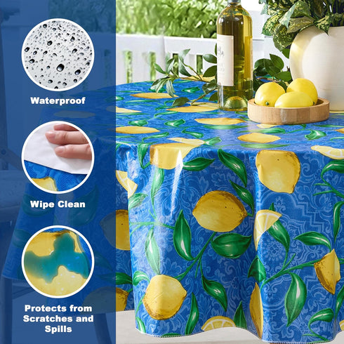 Newbridge Round Vinyl Tablecloth, 70 Inch, Mediterranean Zest Vinyl Flannel Backed Table Cloth with Lemon Print