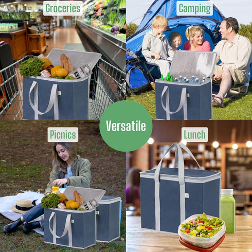 3 Pack 3 Pack) VENO Cooler Bag Insulated Reusable Grocery Shopping Bag, Food Delivery, Heavy Duty, Large Size, Durable