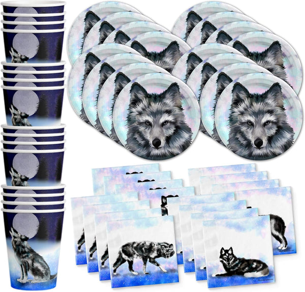 Wolf Birthday Party Supplies Set, Plates Napkins Cups Tableware Kit for 16