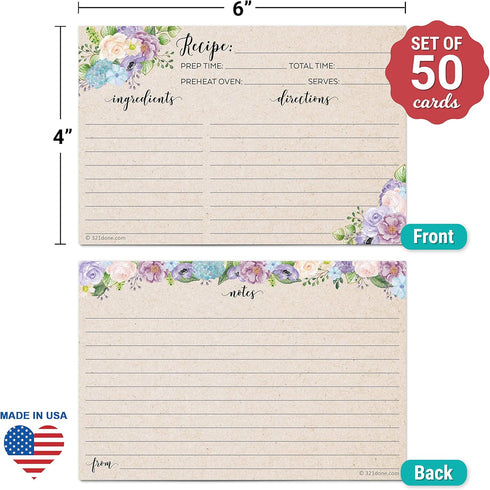 321Done 4x6 Floral Recipe Cards (Set of 50) - Thick Double Sided Premium Card Stock, Watercolor Flowers