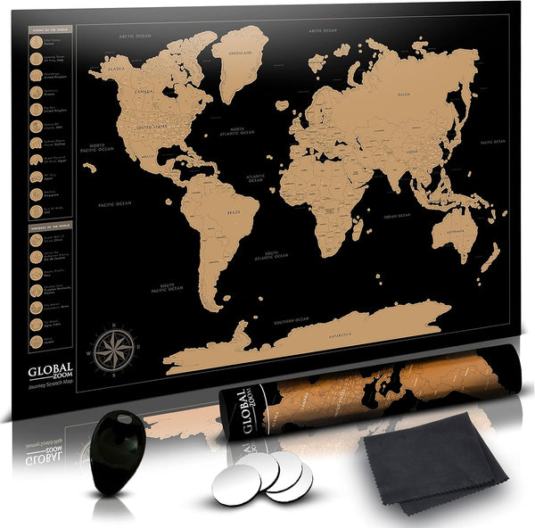 Scratch-Off World Map with US States, Track Travel Routes, Landmarks, Wonders - Laminated Large Poster (24"x36").