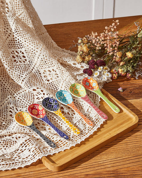 Set of 6 Colorful Ceramic Small Serving Spoons, Dishwasher & Microwave Safe Soup Spoons for Cereal, Soups, Stews
