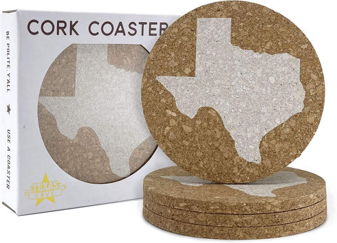 Texas Coaster Set Cork - 4 Texas Coasters, 3.5 Inch Texas Gift