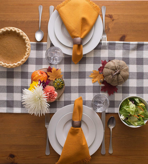 DII Heavyweight Fringed Check Table Runner, 14x108, Gray - Tabletop Collection