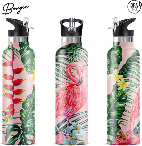 Stainless Steel Water Bottle with Straw, Wide Mouth Double Insulated, Cute Flamingo Gifts for Women, Leak Proof Lid, 25